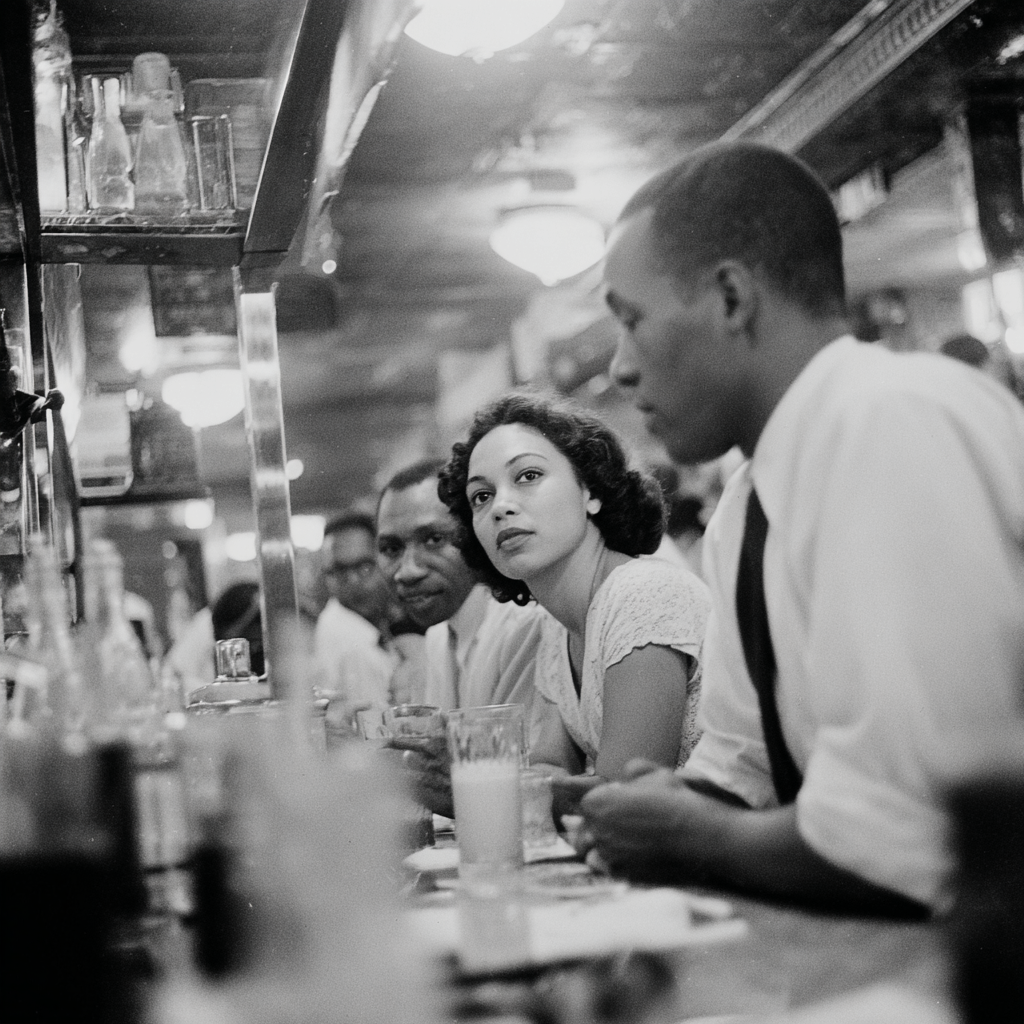 Black and white photo of three women and one man, likely in a 1940s or 1950s diner or bar, sitting at the counter with drinks in front of them. They are engaged in conversation, with the woman in the middle looking thoughtfully ahead.