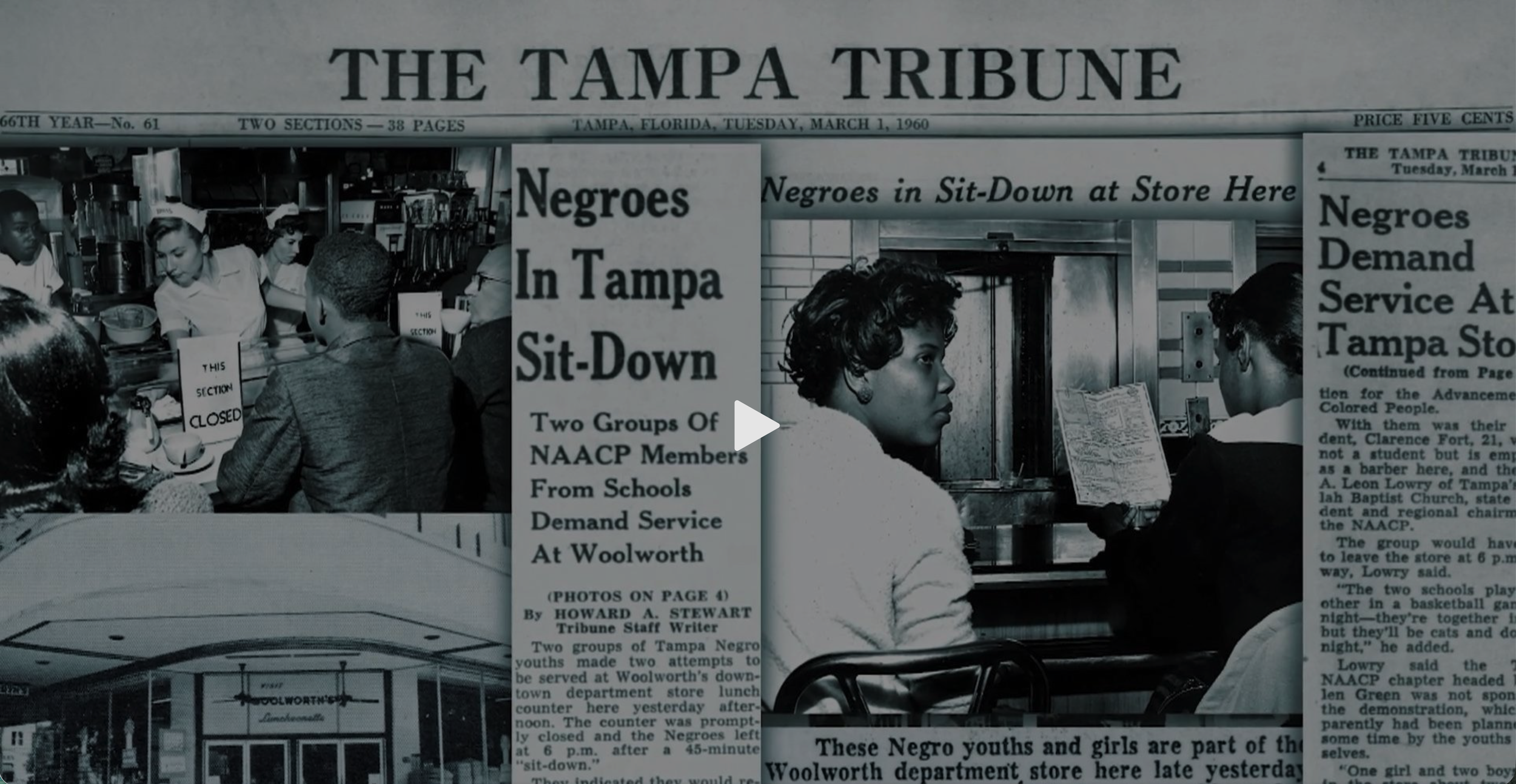 Black and white photo of a historical newspaper front page from The Tampa Tribune, dated March 1, 1960, featuring an article about sit-in protests by Black youths at a Woolworth's store in Tampa, Florida.