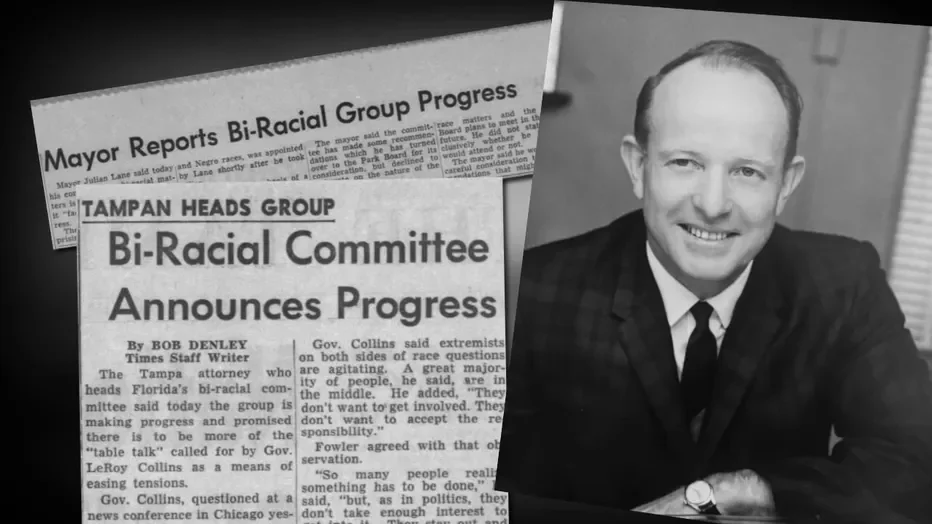 A newspaper article titled "Mayor Reports Bi-Racial Group Progress" and a black-and-white portrait of a smiling man in a suit.