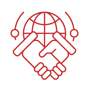 Icon of two hands shaking in front of a globe, symbolizing global partnership or cooperation.
