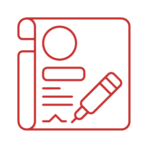 Outline of a notebook, pen, and a magnifying glass