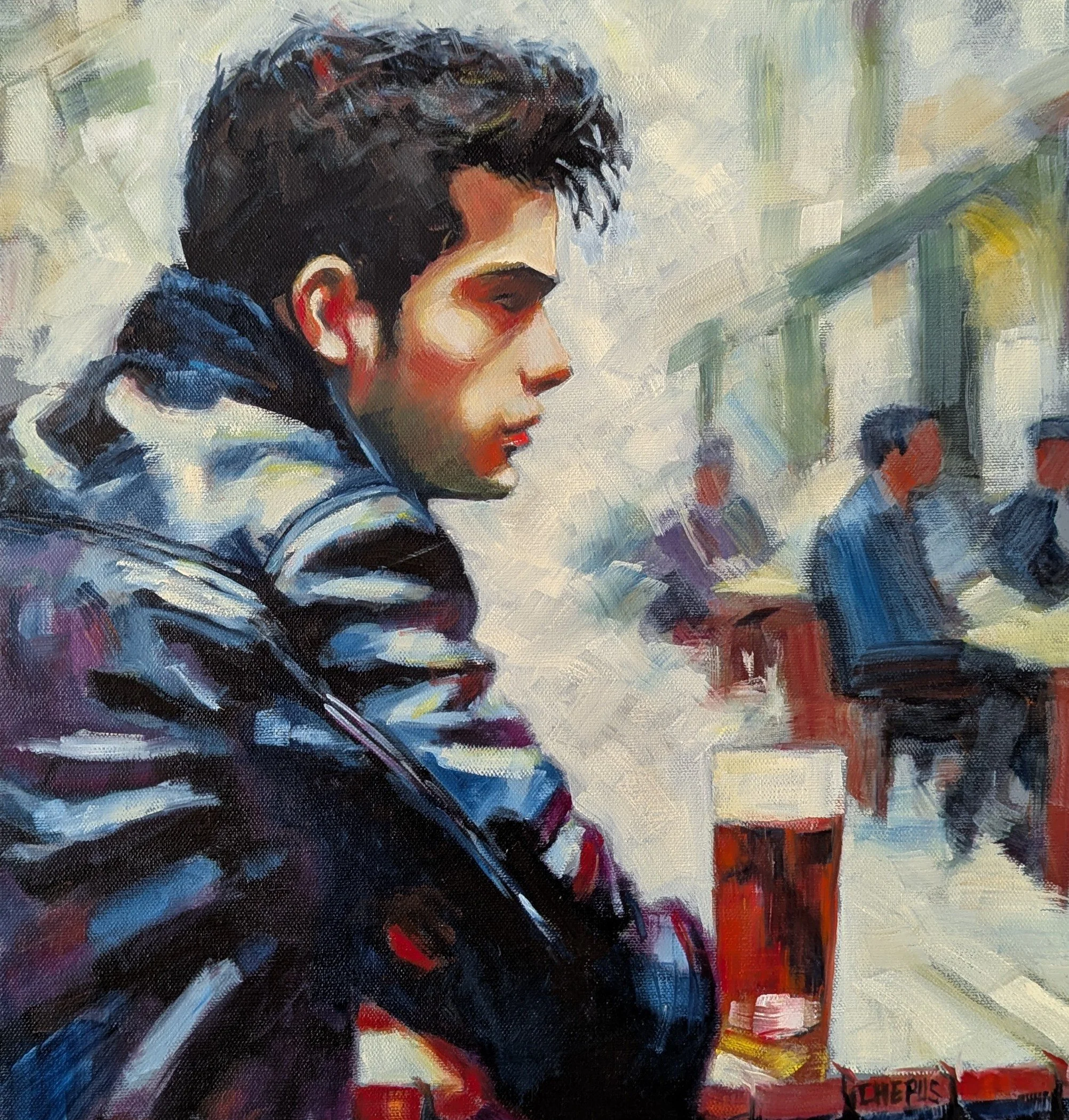 Reflections Over a Pint oil 16x16 $1600