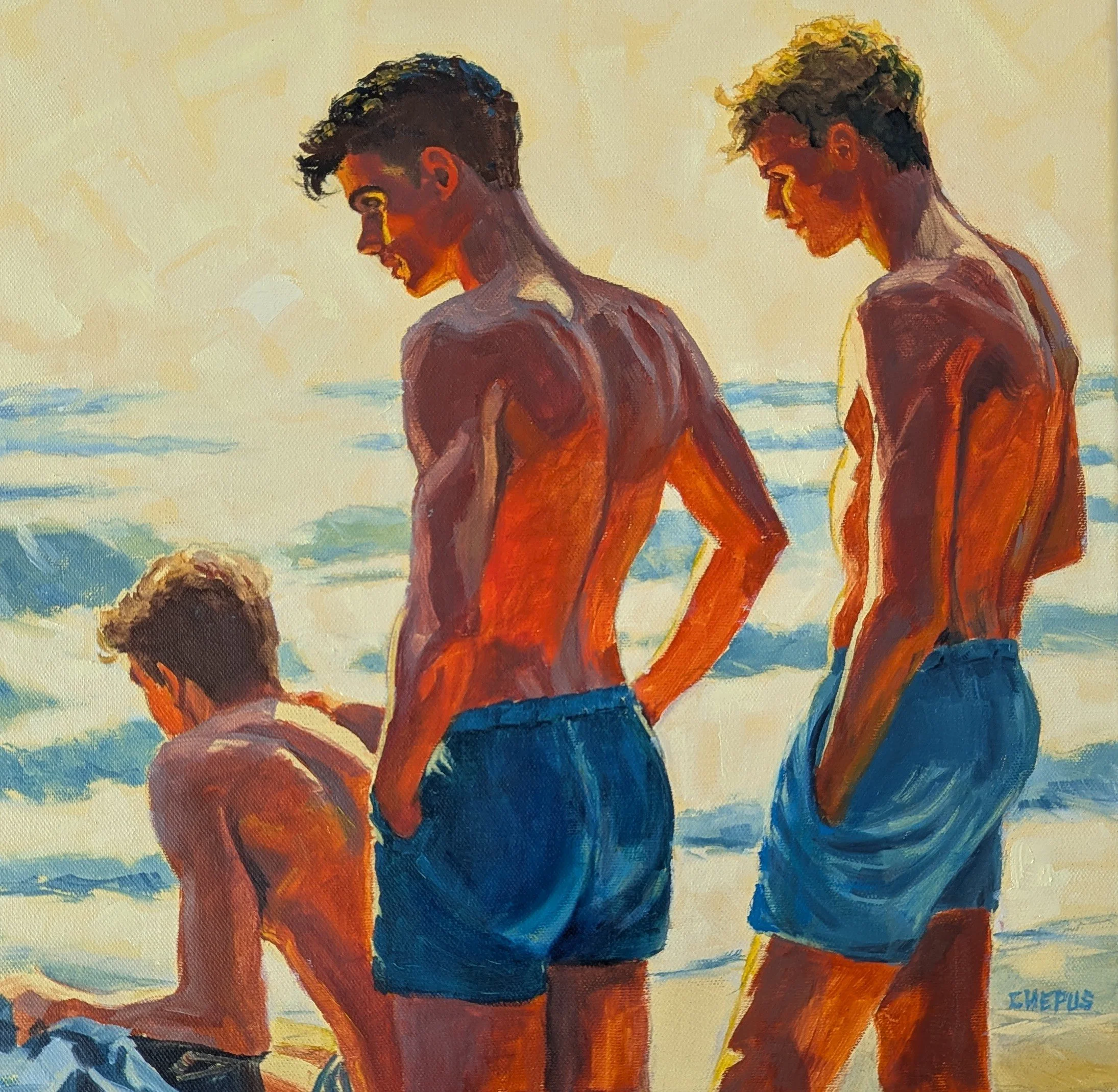 Friends at the Shore oil 16x16 $1600