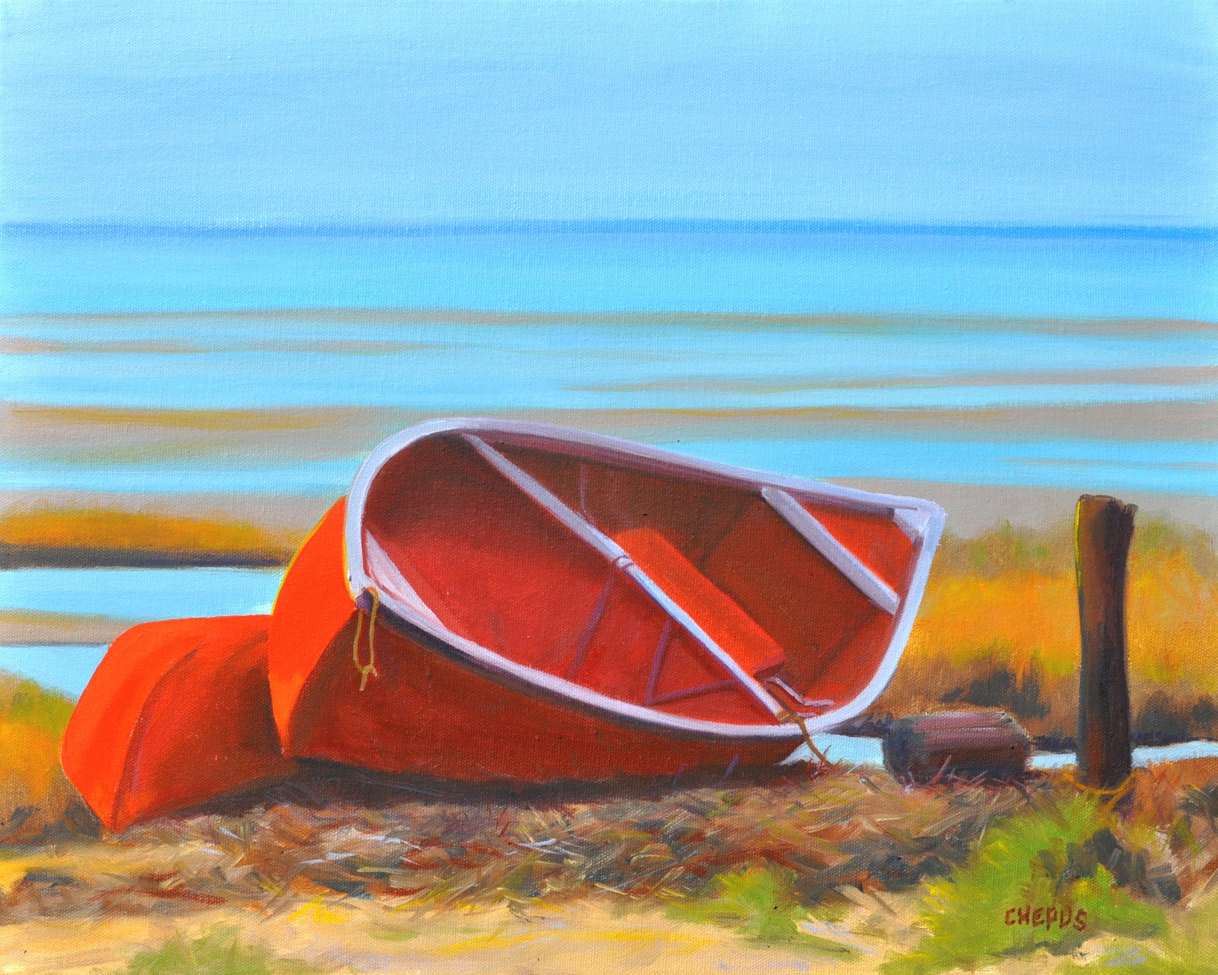 Red Boats in the Sunset oil 16x20 Sold
