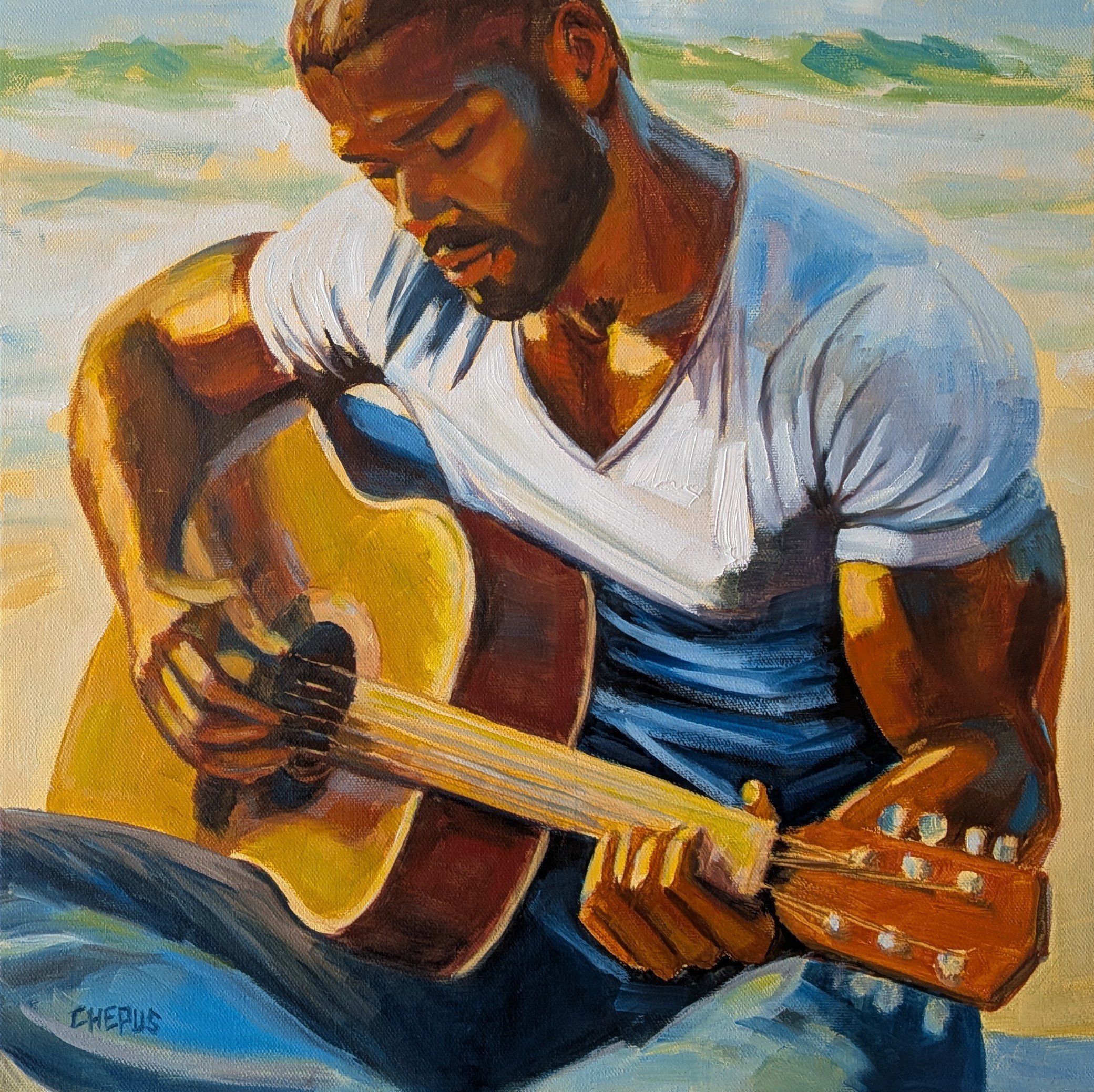 Guitar by the Sea oil 16x16 $1600 at Shor