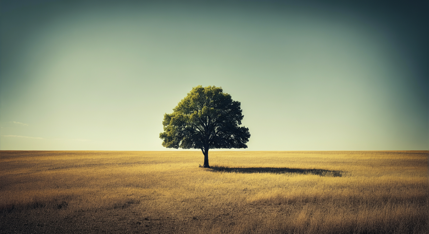 single green-leaved tree in an open golden field with clear sky and shadow.
