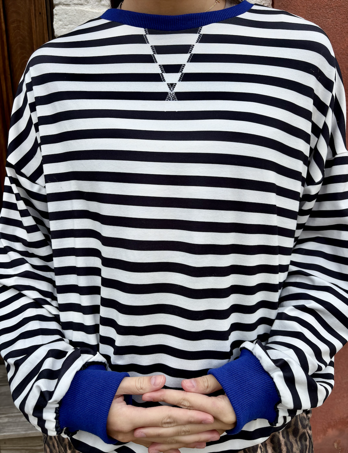White With Black Striped Blue Accents Long Sleeve