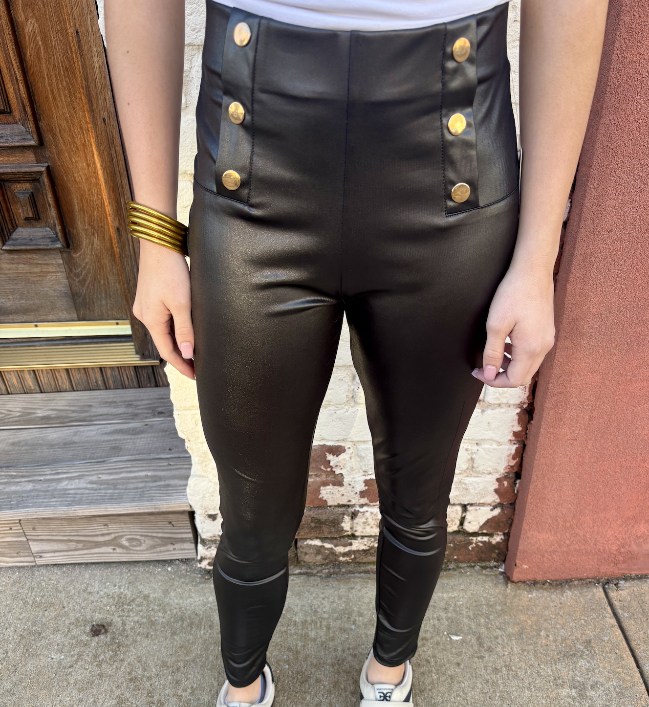 Leather gold button leggings