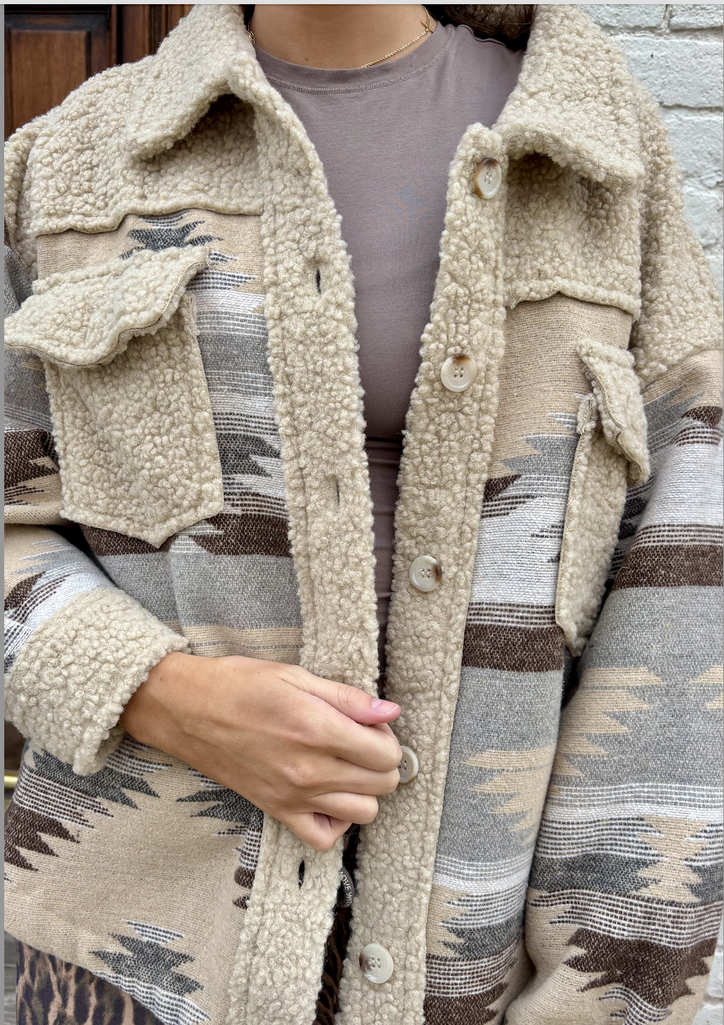 Grey and Cream Aztec Sherpa Flannel