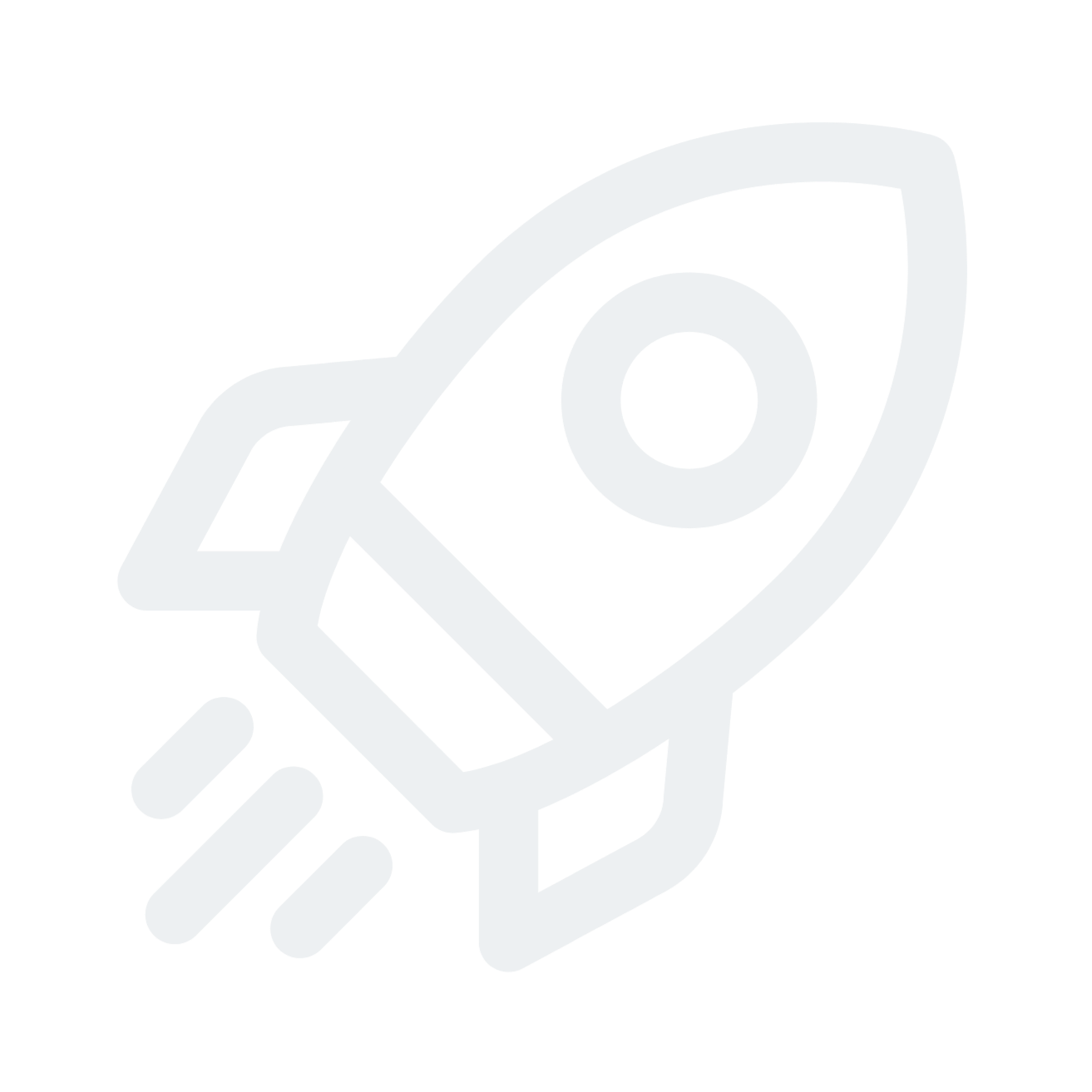 Outline graphic of a rocket ship with a window and three streaks behind it, symbolizing speed or motion.