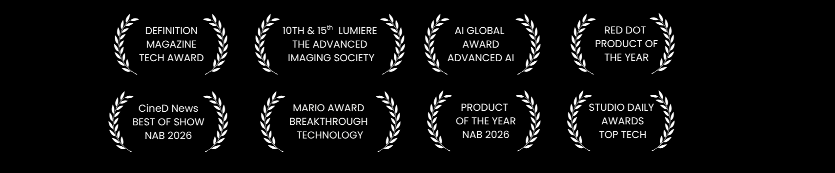Nine awards with laurel wreaths, including tech awards, imaging society, AI awards, product of the year, and top tech awards, against a black background.