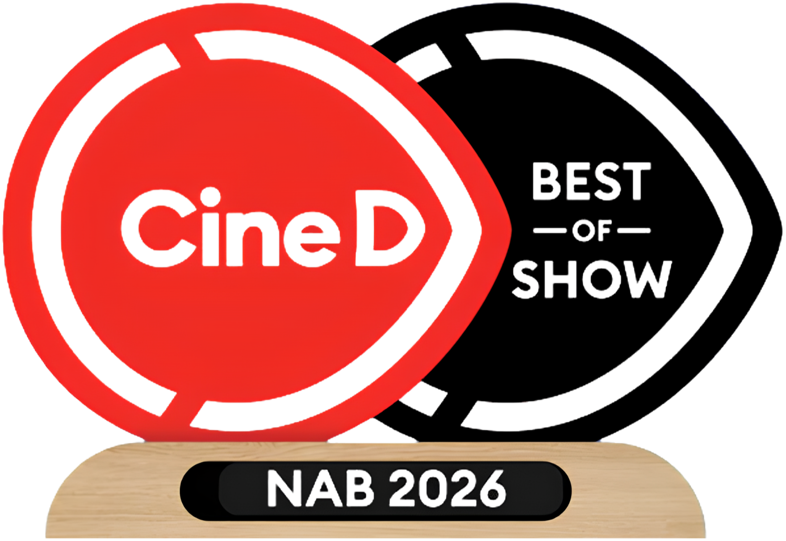 An award with a red circular logo featuring the word 'cineD' in black, mounted on a wooden base with a black plaque inscribed 'NAB 2026'.
