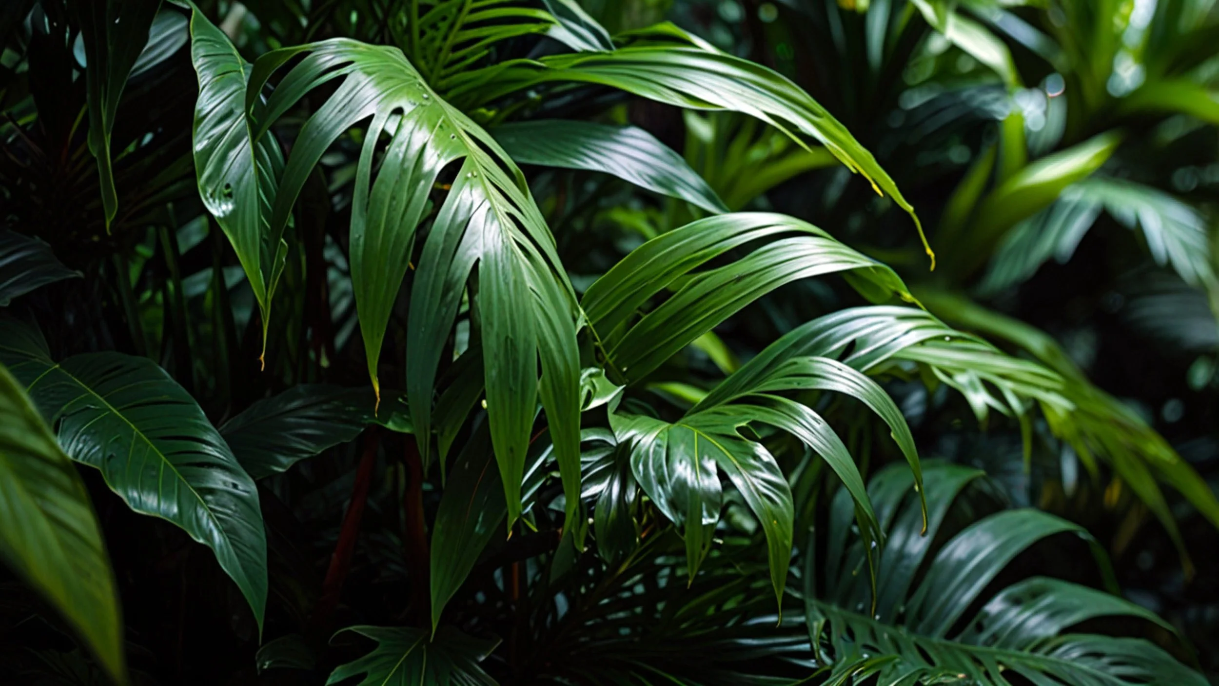 Hojas verdes brillantes de plantas tropicales con luz suave