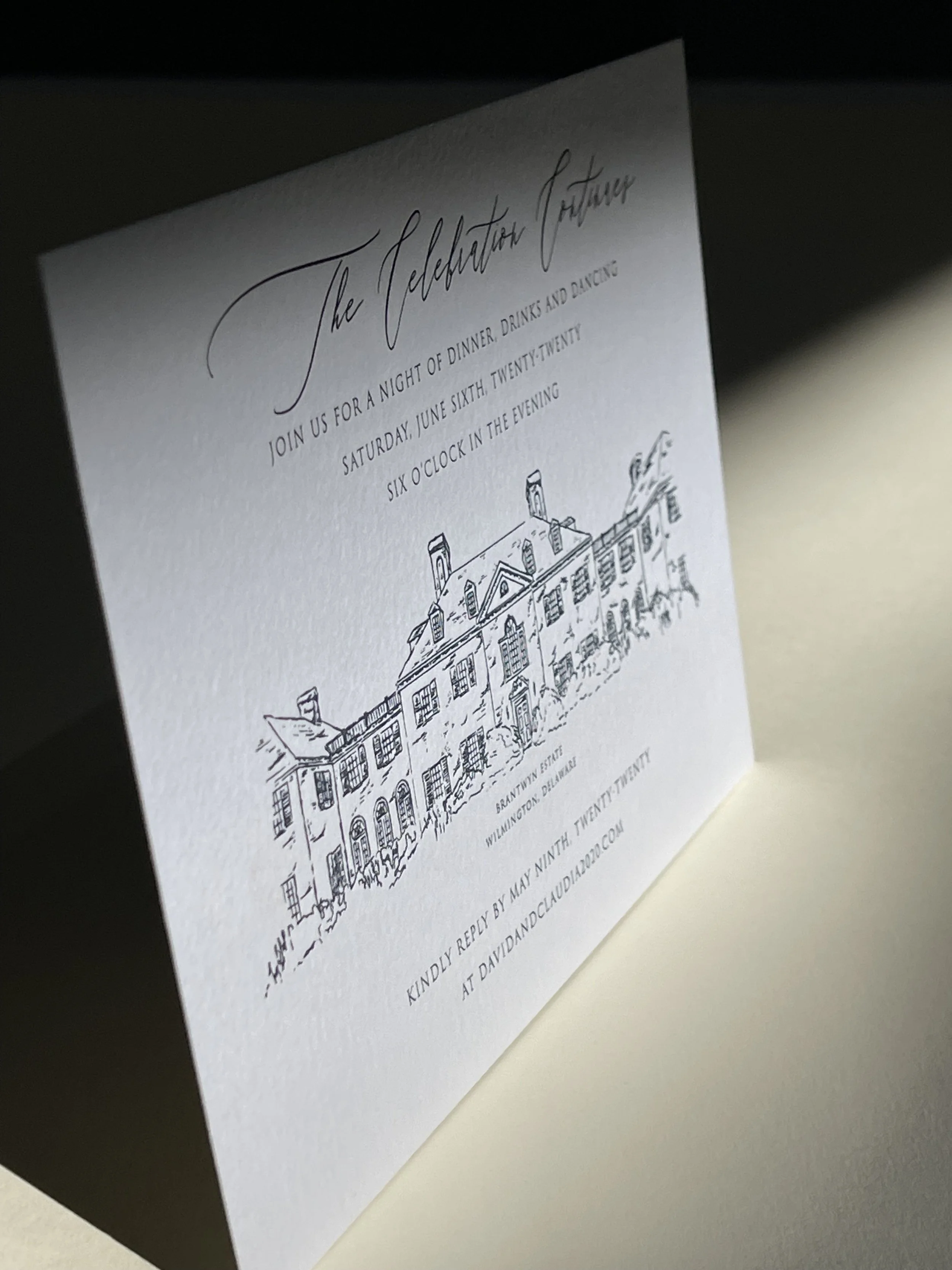 Invitation card for a celebration event with a sketch of a historic estate, details about the event date, time, and RSVP information.