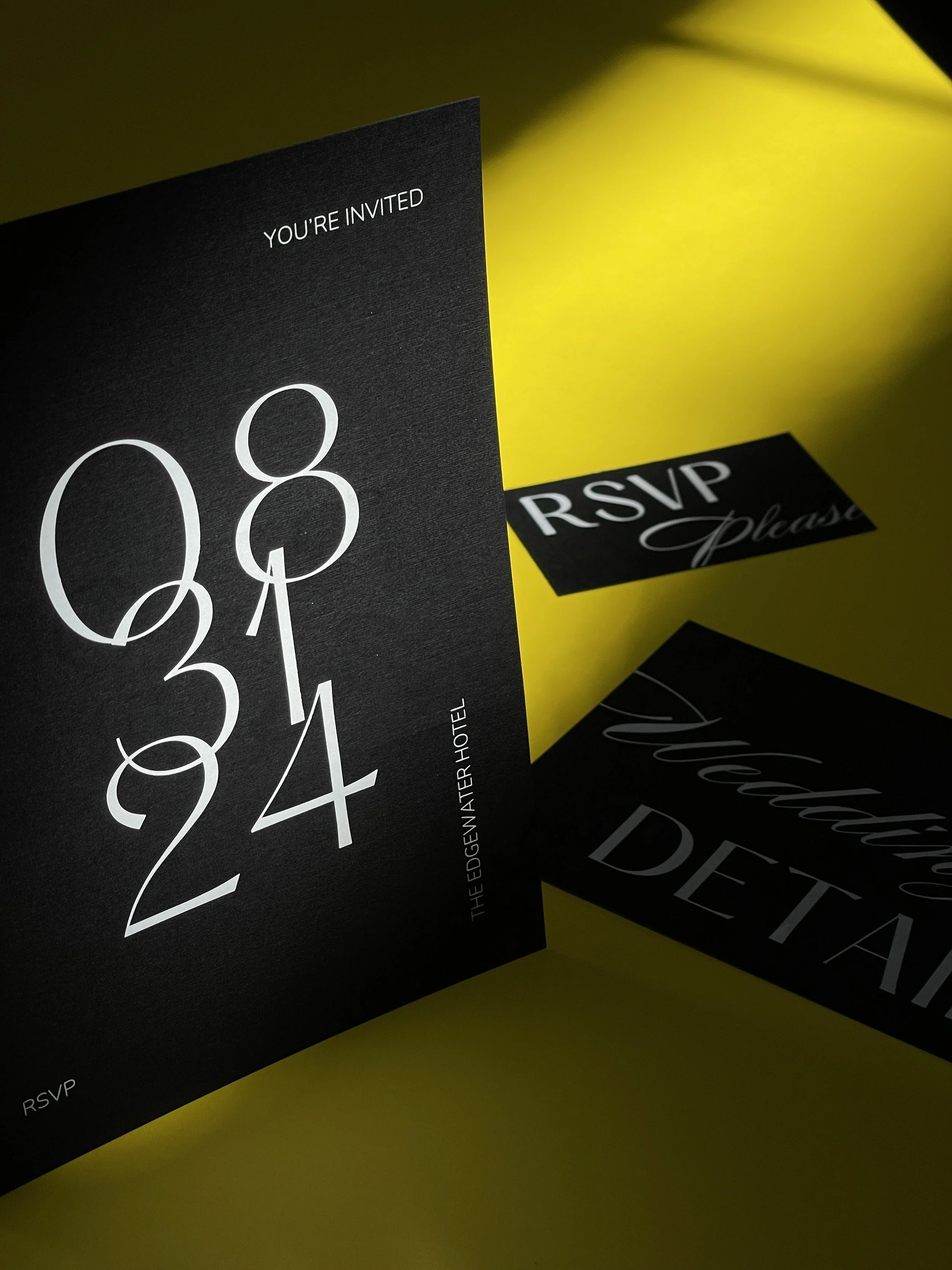 Invitation with event date 'August 31, 2024' and hotel name 'The Edgewater Hotel', along with RSVP and welcome cards on a yellow background.