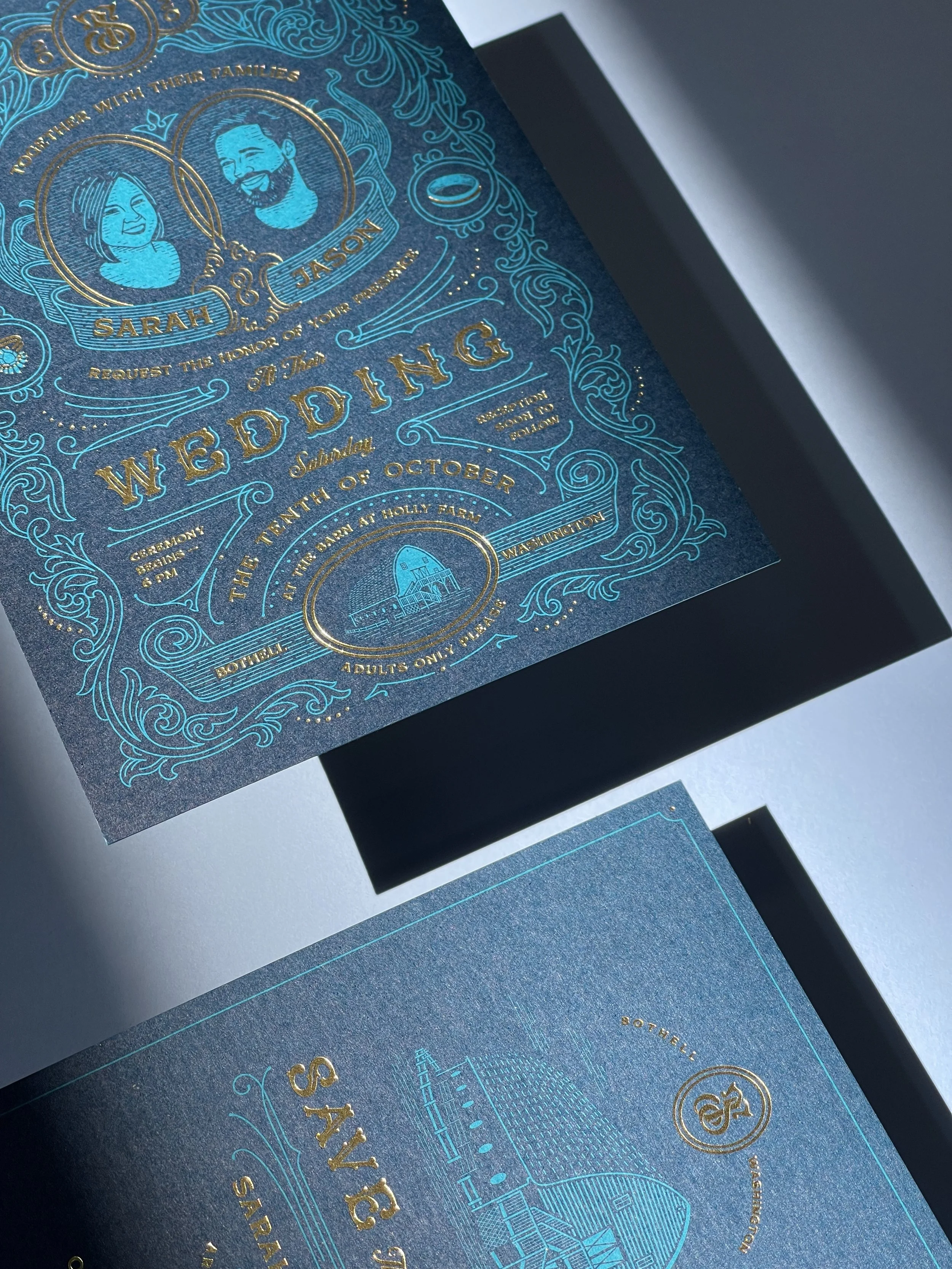 Wedding invitation with intricate gold and blue design, featuring portrait sketches of a couple, event details, and an illustration of a church.