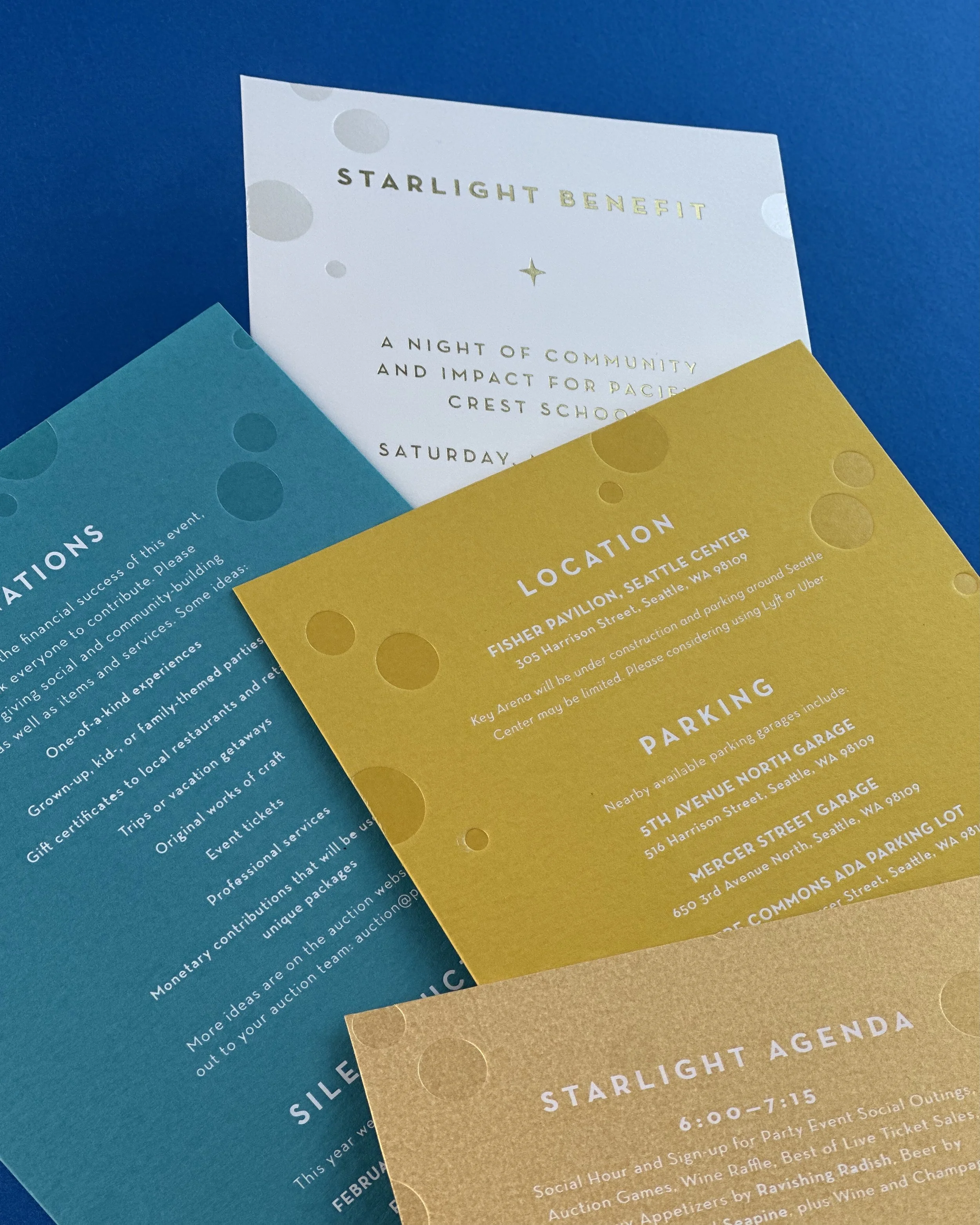 A collection of event flyers for Starlight Benefit, including details about location at Fisher Pavilion Seattle, parking options near 5th Avenue North Garage, and agenda from 6:00 to 7:15 PM, featuring social hour, silent auction, games, wine raffle,