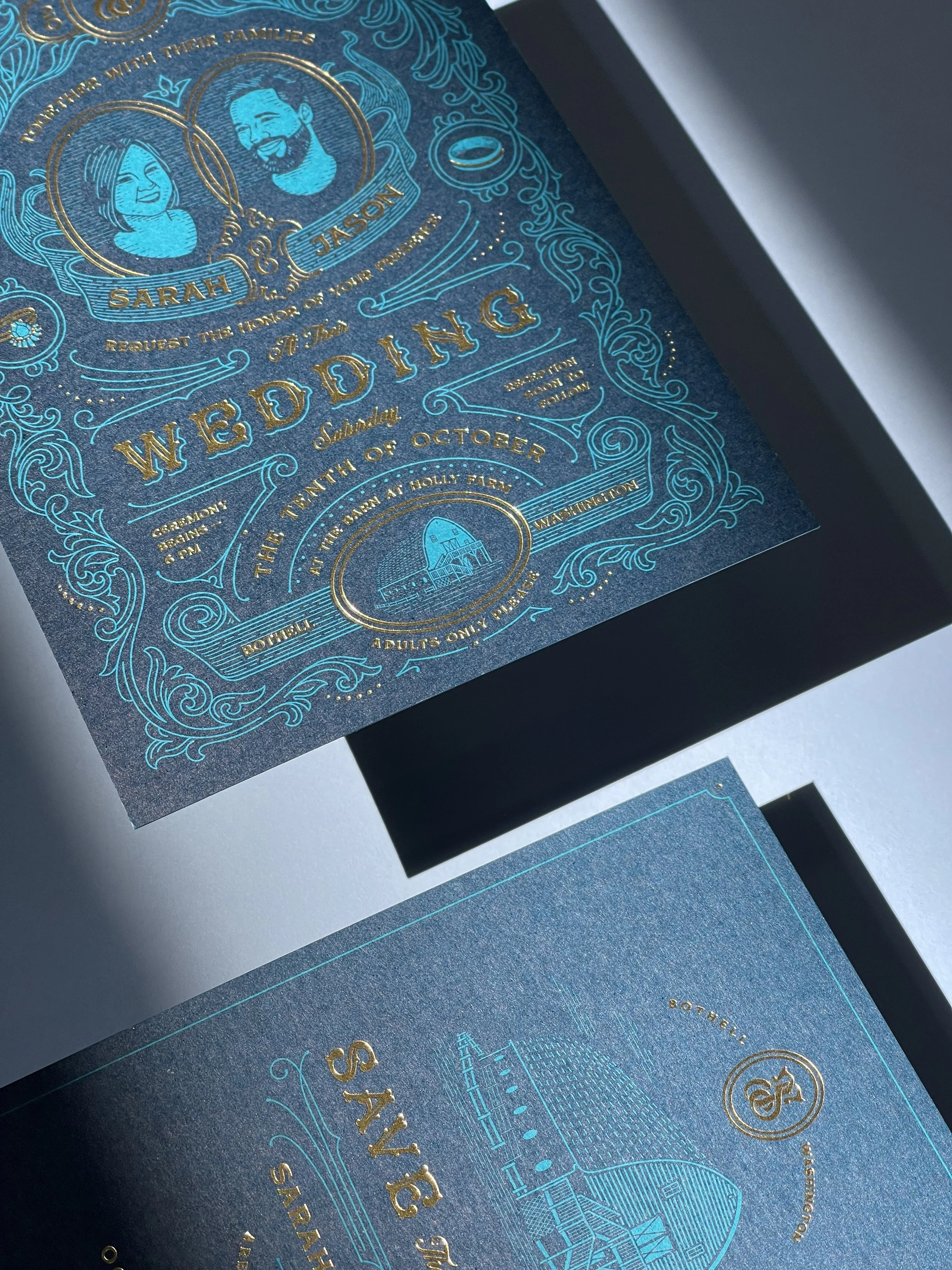 A navy blue invitation card with gold and turquoise decorative details for a wedding, featuring portraits of the couple, Sarah and Jason, and details about the wedding date, time, and location in Washington, D.C., at Holly Farm.