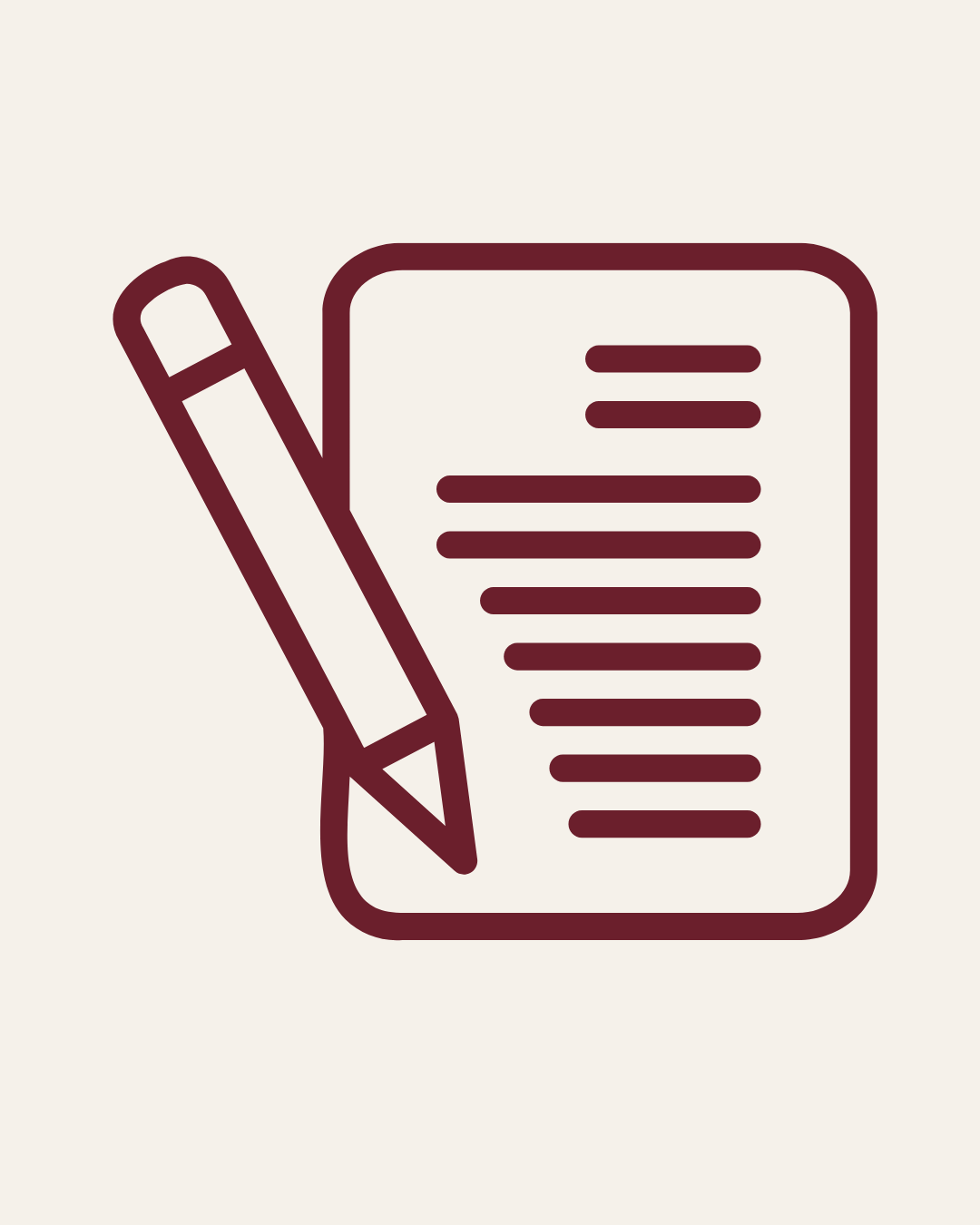 Icon of a notepad with lines of text and a pen resting on it.