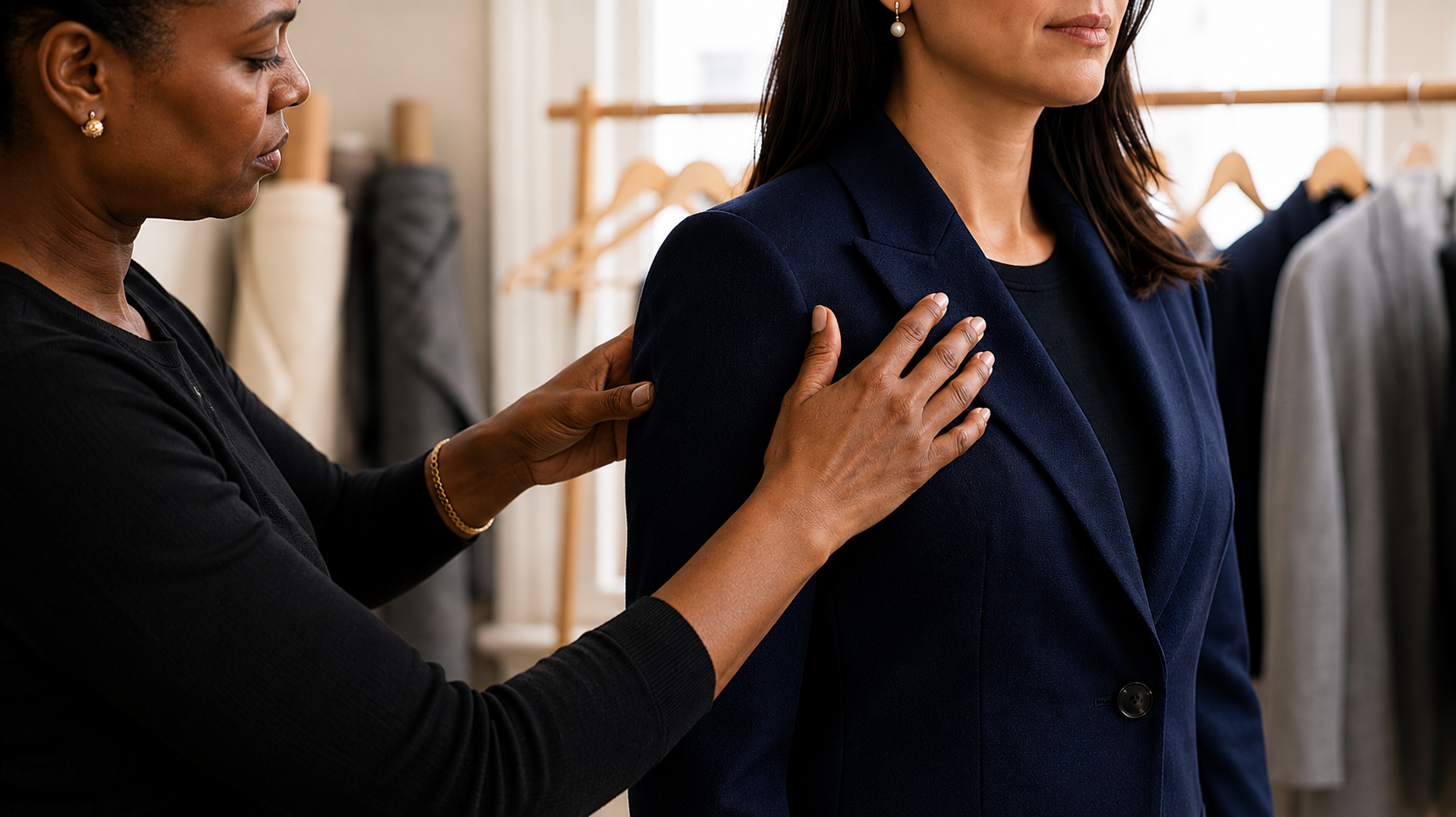 A woman fitting a navy blazer on another woman in a clothing store.