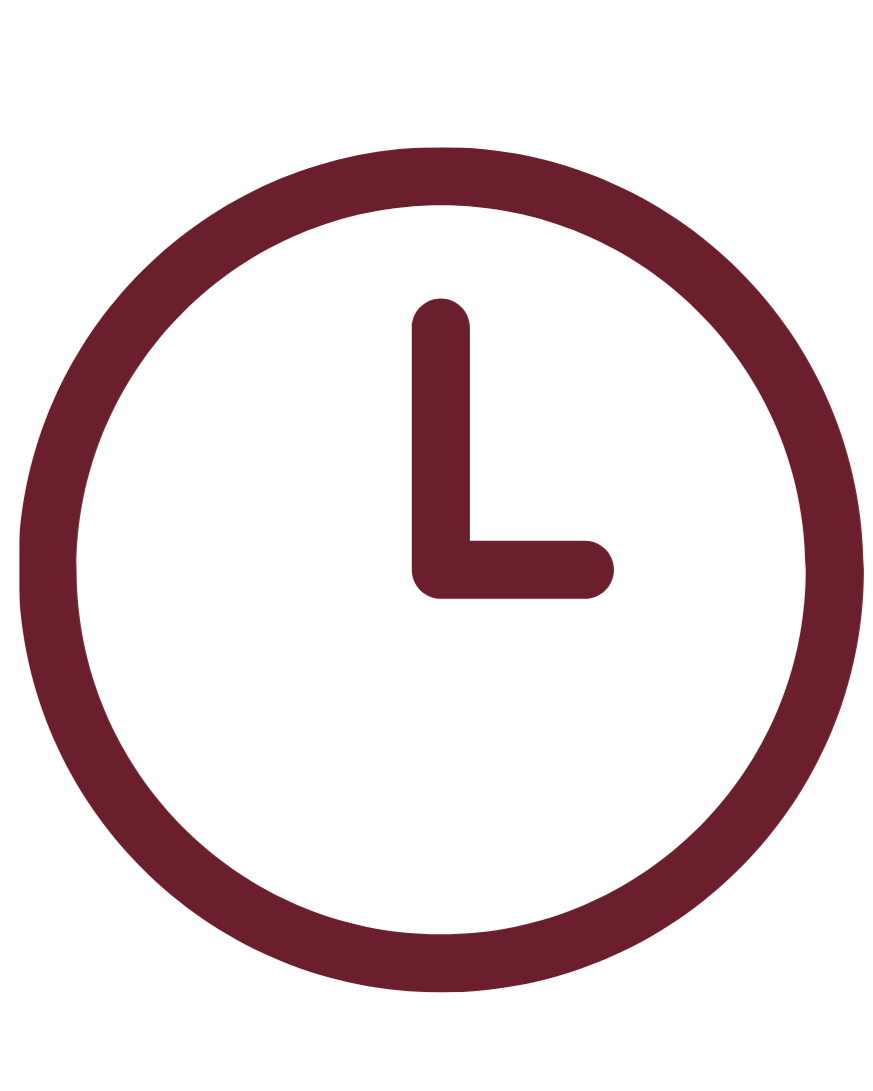 Icon of a clock showing 3:00, with a maroon outline and hands.