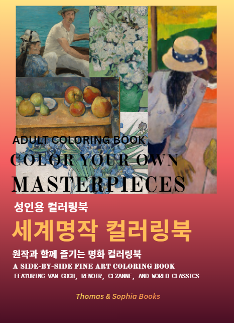 Orange book cover titled in Korean with English subtitle 'Senior Brain Exercise & Memory Workbook for Cognitive Health', aimed at improving memory and brain health. Contains sections with color-coded words, a crossword puzzle, and a phrase '100+ pages large print' in Korean and English. Published by Thomas & Sophia Books.