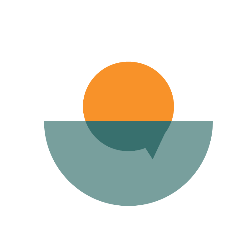 Illustration of a sunset over water with a speech bubble in the foreground.