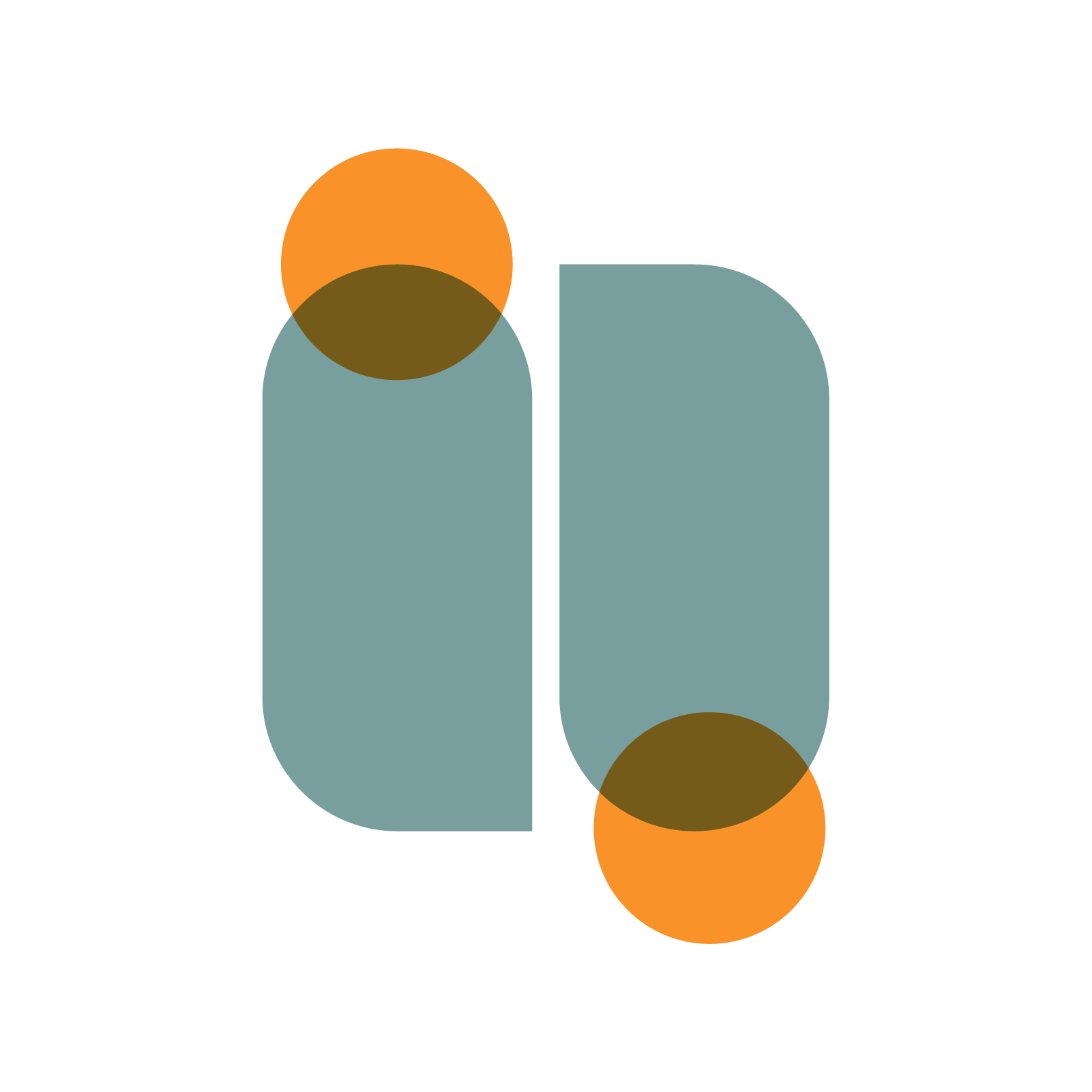 Abstract geometric design with blue elongated shapes, orange circles, and brown accents on a black background.