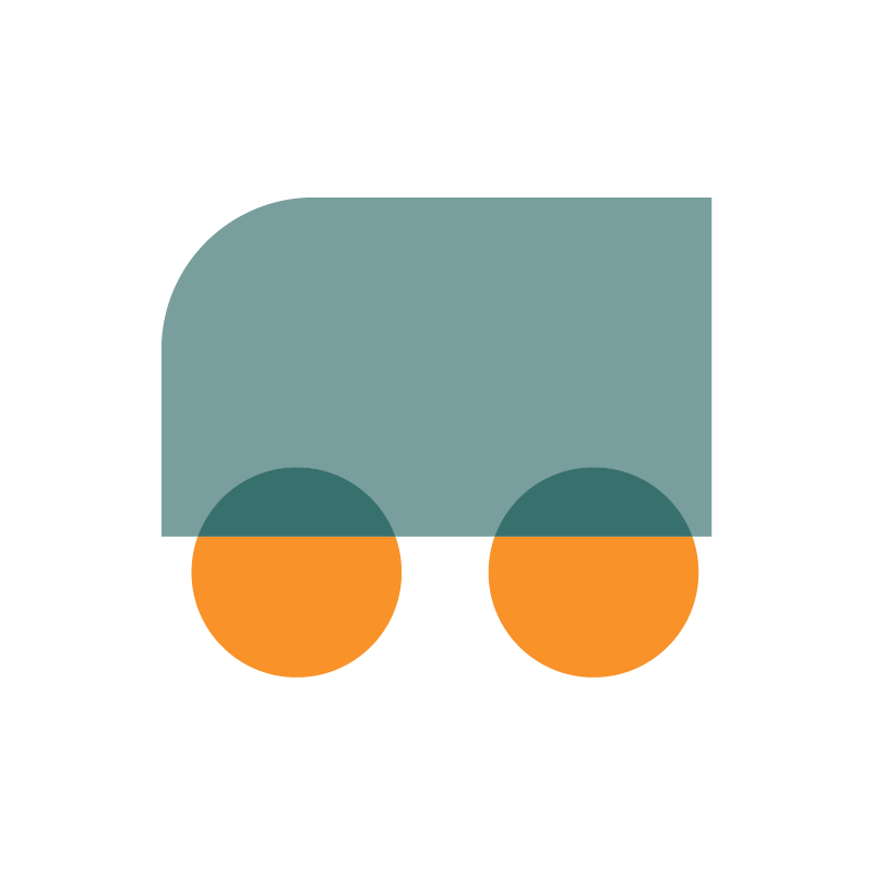 Simple digital illustration of a train with a teal body and orange wheels on a white background.