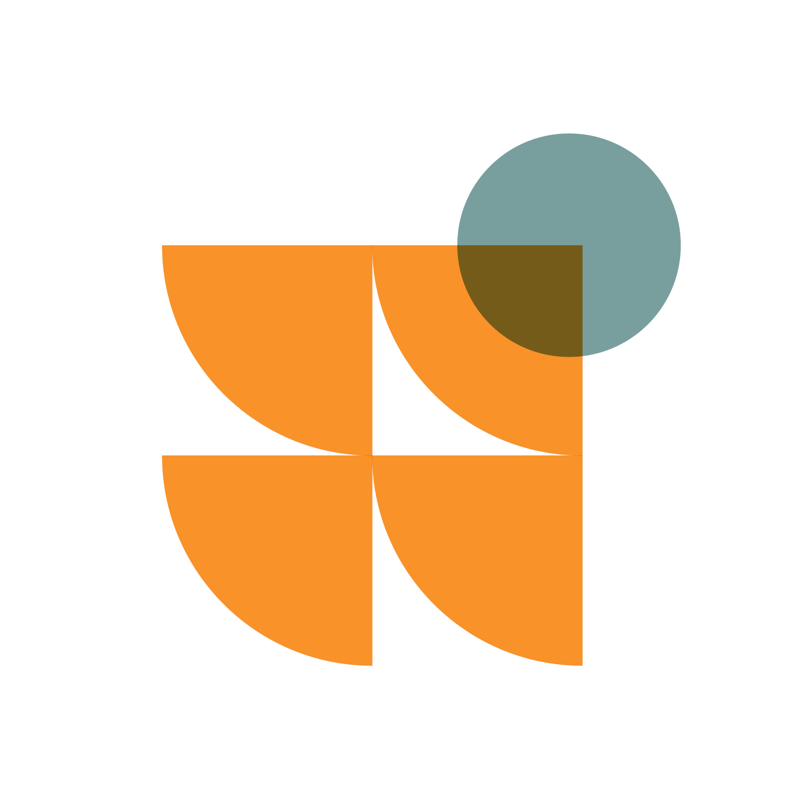 Abstract geometric design with orange quarter circles and a teal circle overlapping with a brown semi-circle on black background.