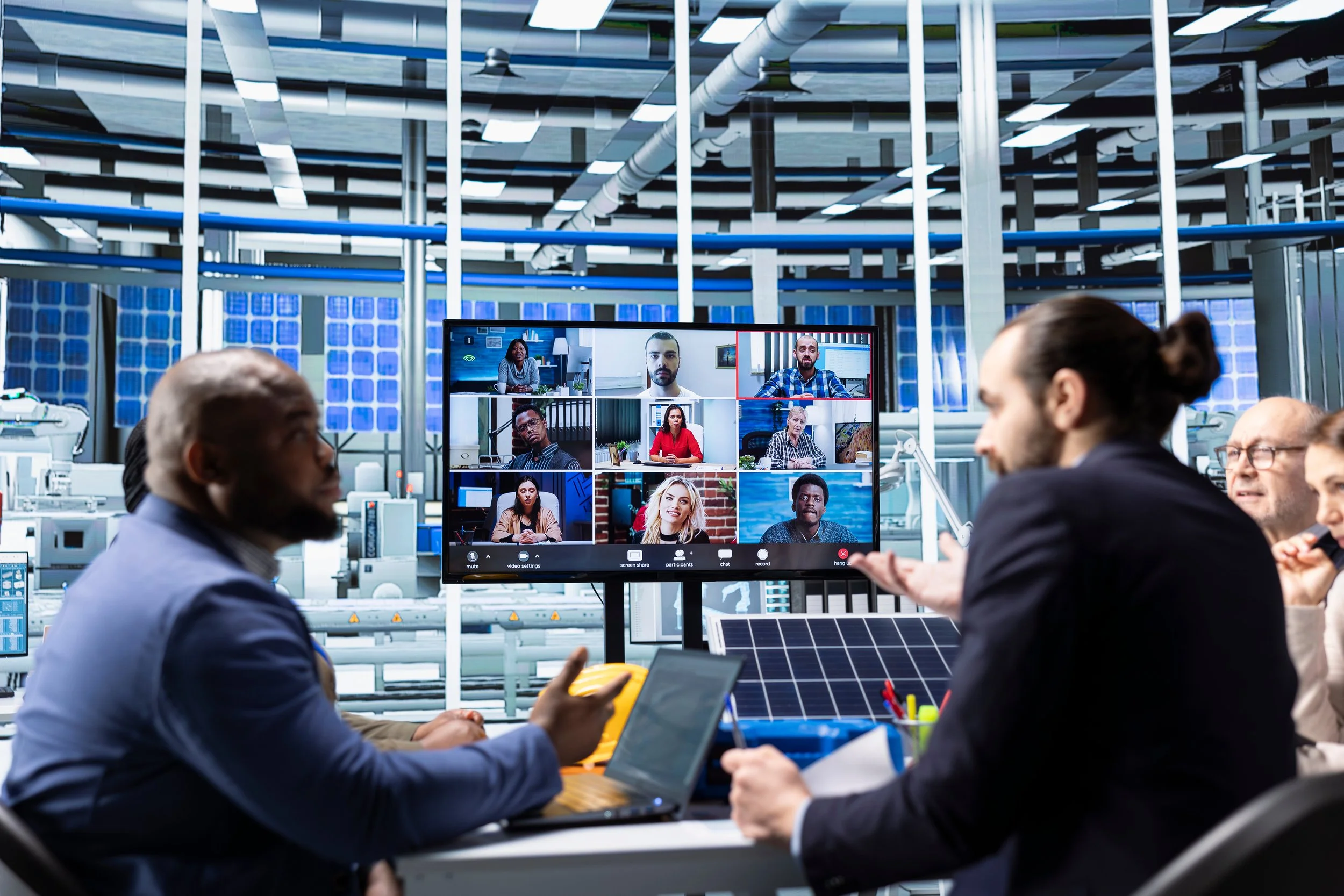 A group of diverse people sitting around a table in a high-tech manufacturing facility, engaged in a video conference displayed on a monitor. The background features solar panels and industrial equipment.