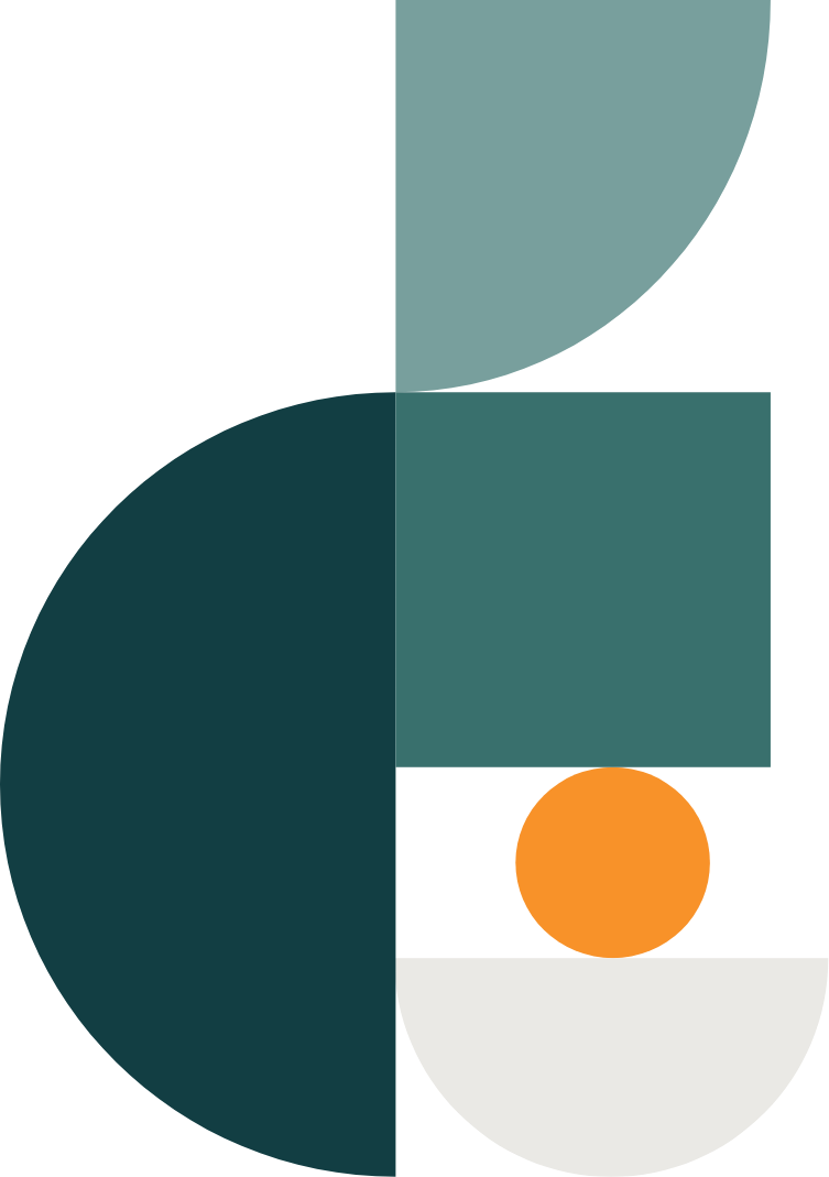 Abstract geometric design with overlapping shapes in shades of gray, teal, orange, black, and white.