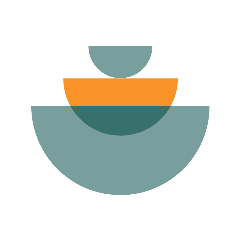 A graphic illustration of layered bowls or semi-spherical shapes in various sizes and colors, with the largest at the bottom and the smallest at the top.