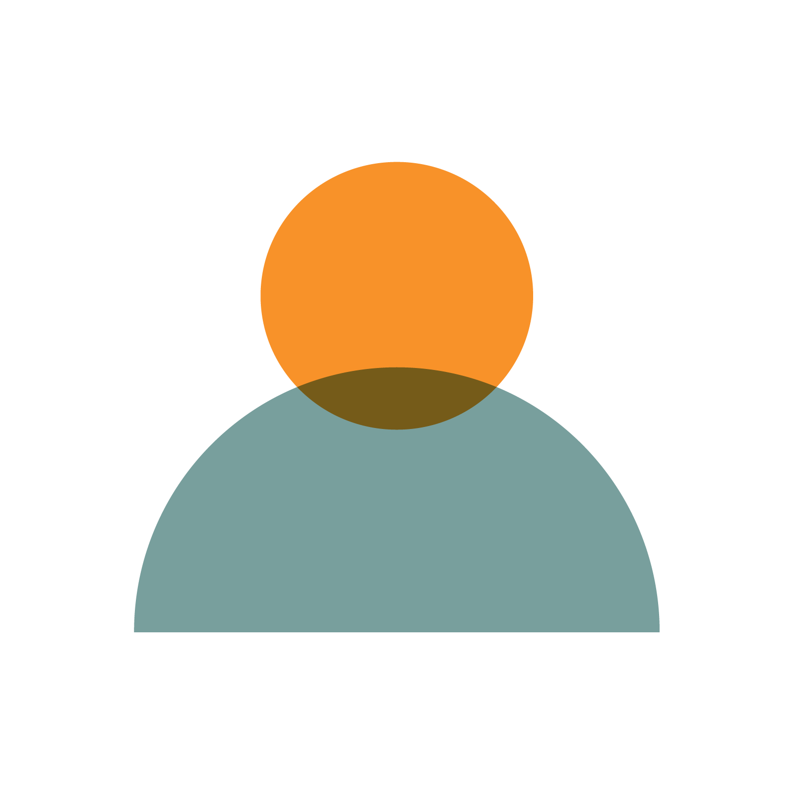 Minimalist illustration of a person with an orange circular head, a light blue semi-circular body, and a small brown semi-circle at the neck area on a black background.