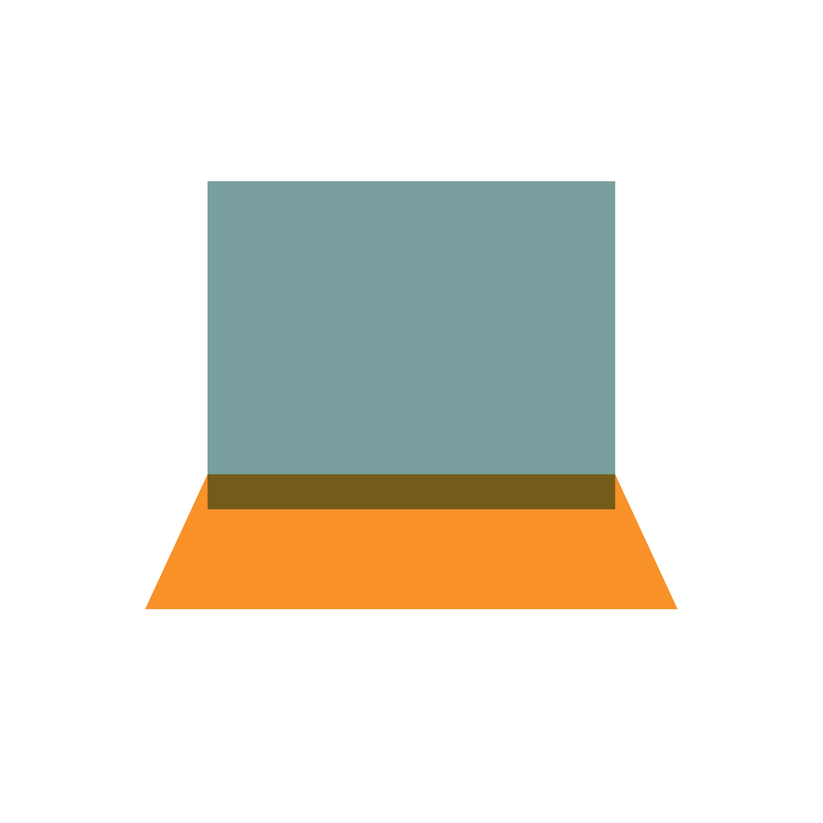 A 3D geometric illustration combining various shapes and colors: a black cone with a flat top, a brown ring, an orange trapezoid, a light blue cuboid, and a black sphere on top.
