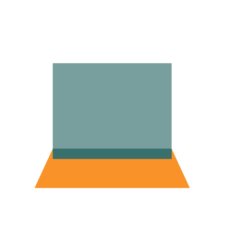 A digital illustration of a modern workspace with a laptop on an orange desk and a large screen or monitor behind it.