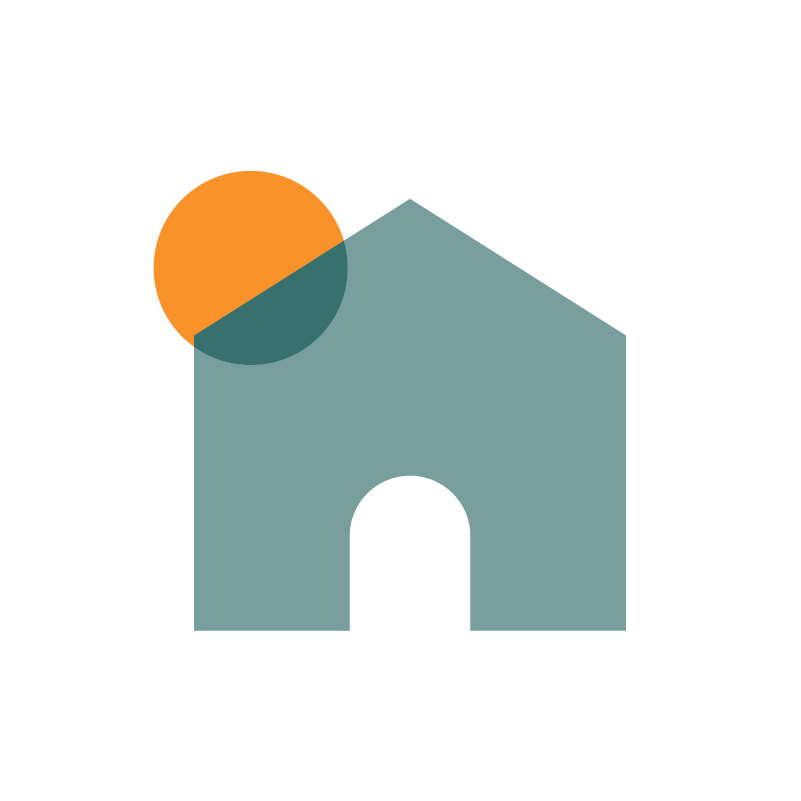 Illustration of a house with a rounded door and a circular orange sun or moon in the top left corner against a black background.