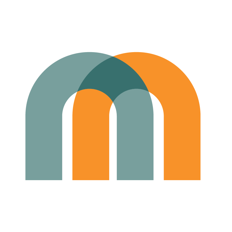 Modern graphic logo with overlapping arches in teal and orange colors on a black background.