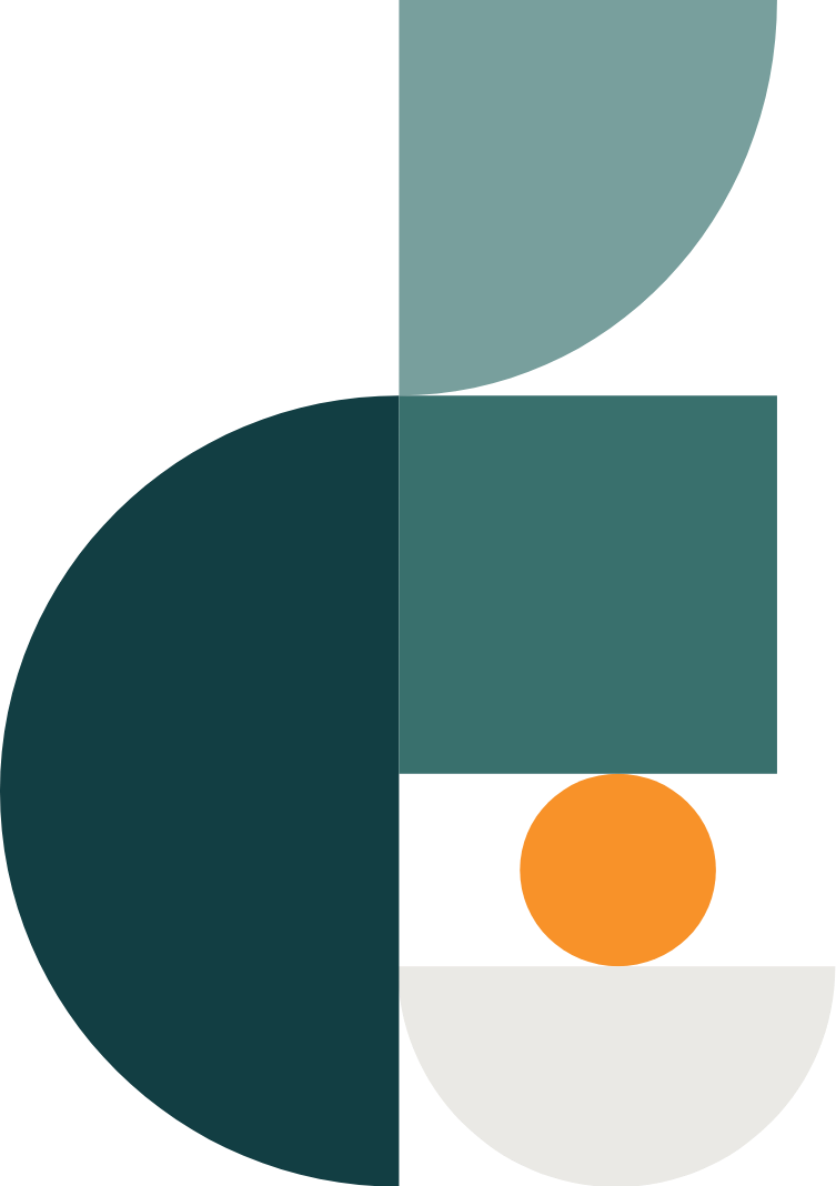 Abstract artwork with geometric shapes and muted colors including teal, orange, black, and white.