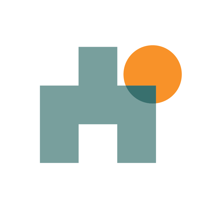 Icon of a robot with a circular orange shape overlapping its right shoulder.