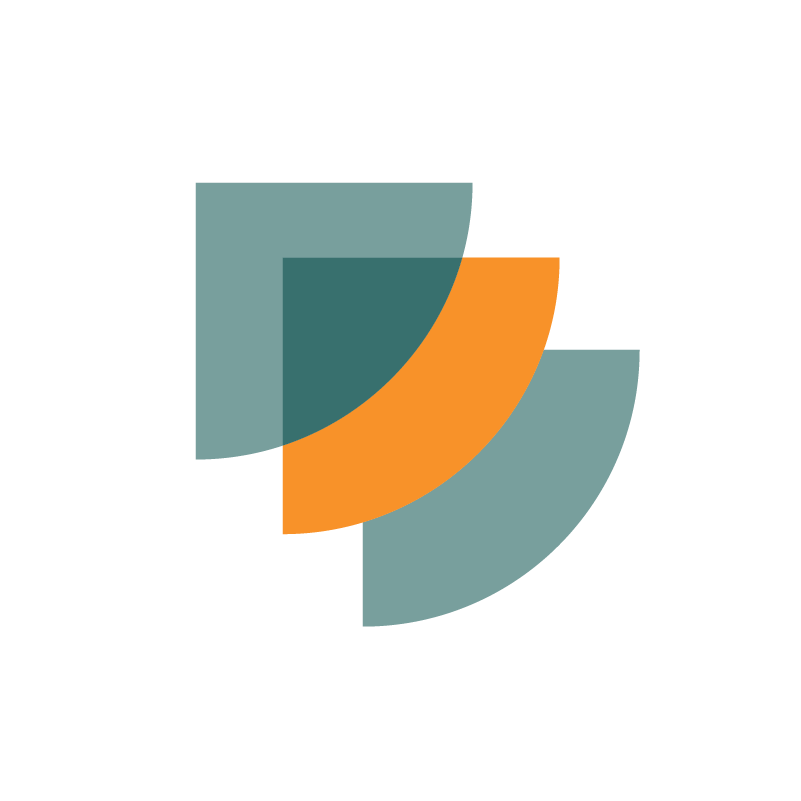 Abstract graphic with overlapping curved shapes in teal, dark green, and orange