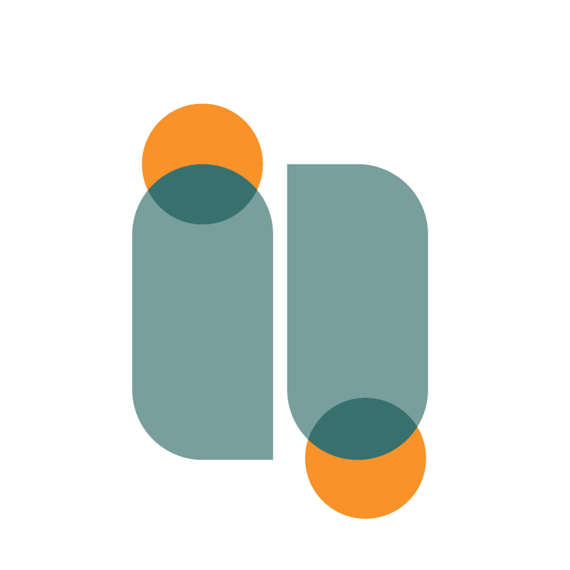 Abstract geometric design with overlapping blue rounded rectangles and orange circles on a black background.