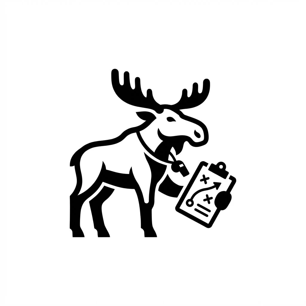 Illustration of a moose with a whistle and a game plan on a clipboard, possibly representing strategy or game planning.