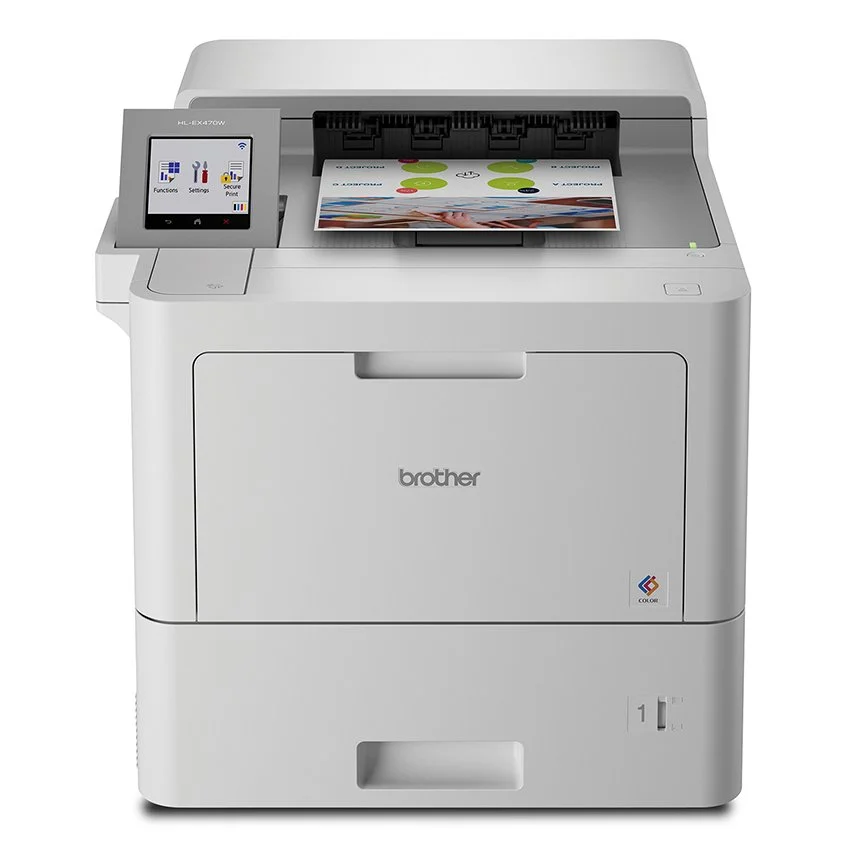 Brother color laser printer with a document being printed on top, featuring colorful graphics and text.