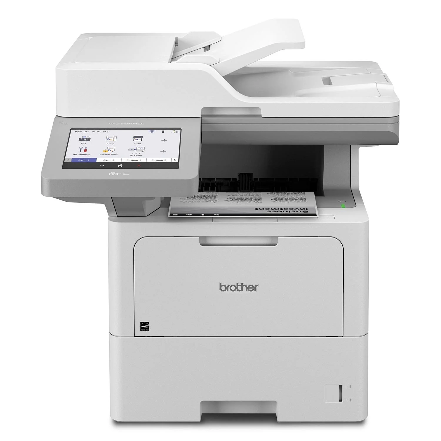 A modern Brother multifunction monochrome laser printer with a built-in scanner and touchscreen display.