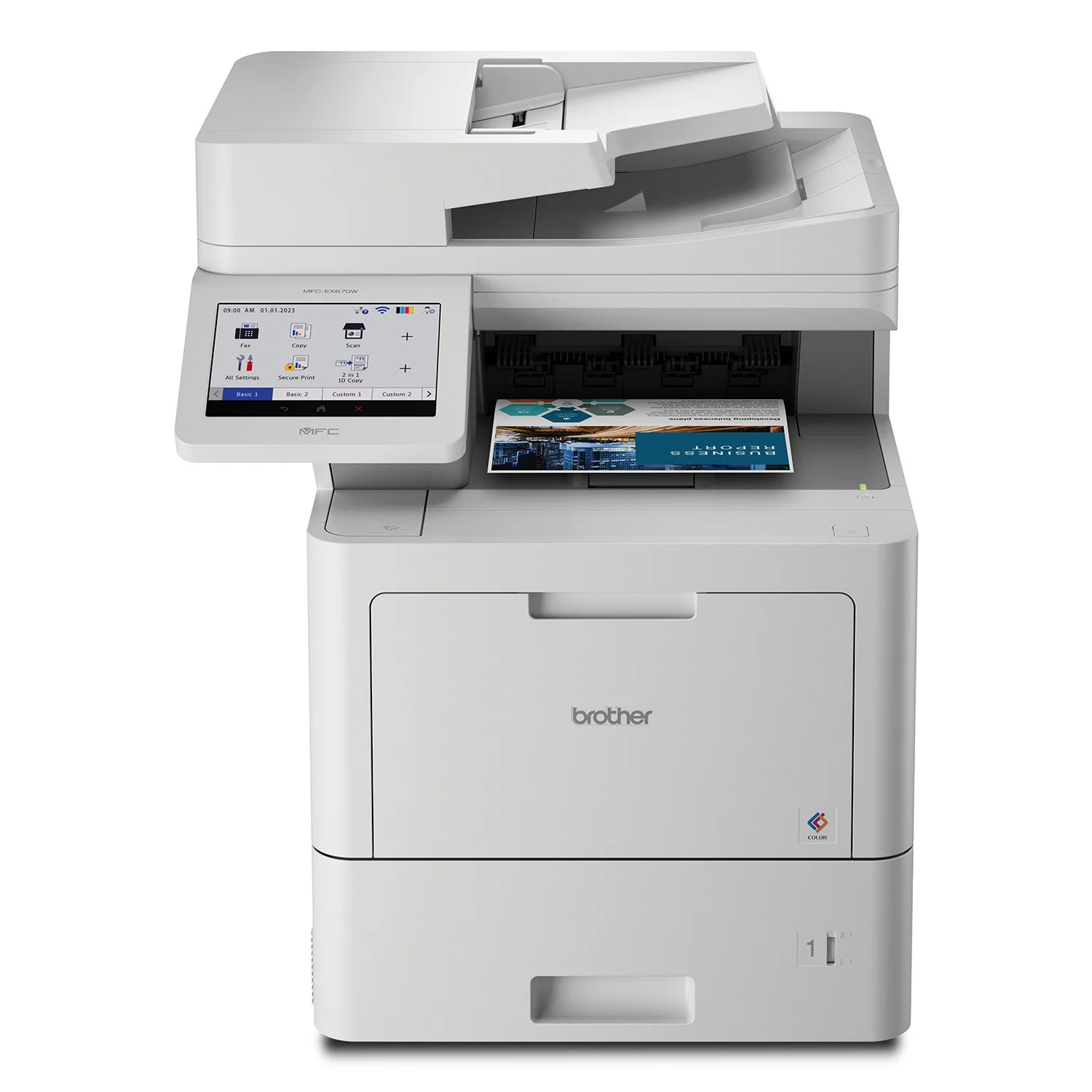 Brother all-in-one color laser printer with touchscreen display printing a document.