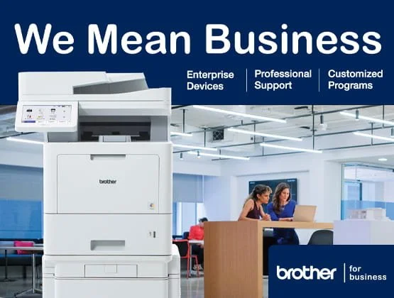 Brochure or advertisement for Brother business imaging solutions, featuring a large copier or printer, with text stating 'We Mean Business' and highlighting enterprise devices, professional support, and customized programs in a modern office setting.