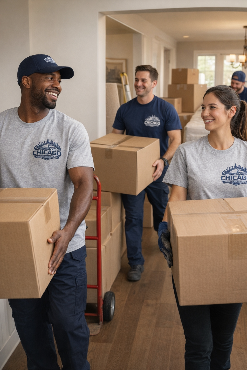 A diverse group of four volunteers packing and moving boxes inside a home during a volunteer event.