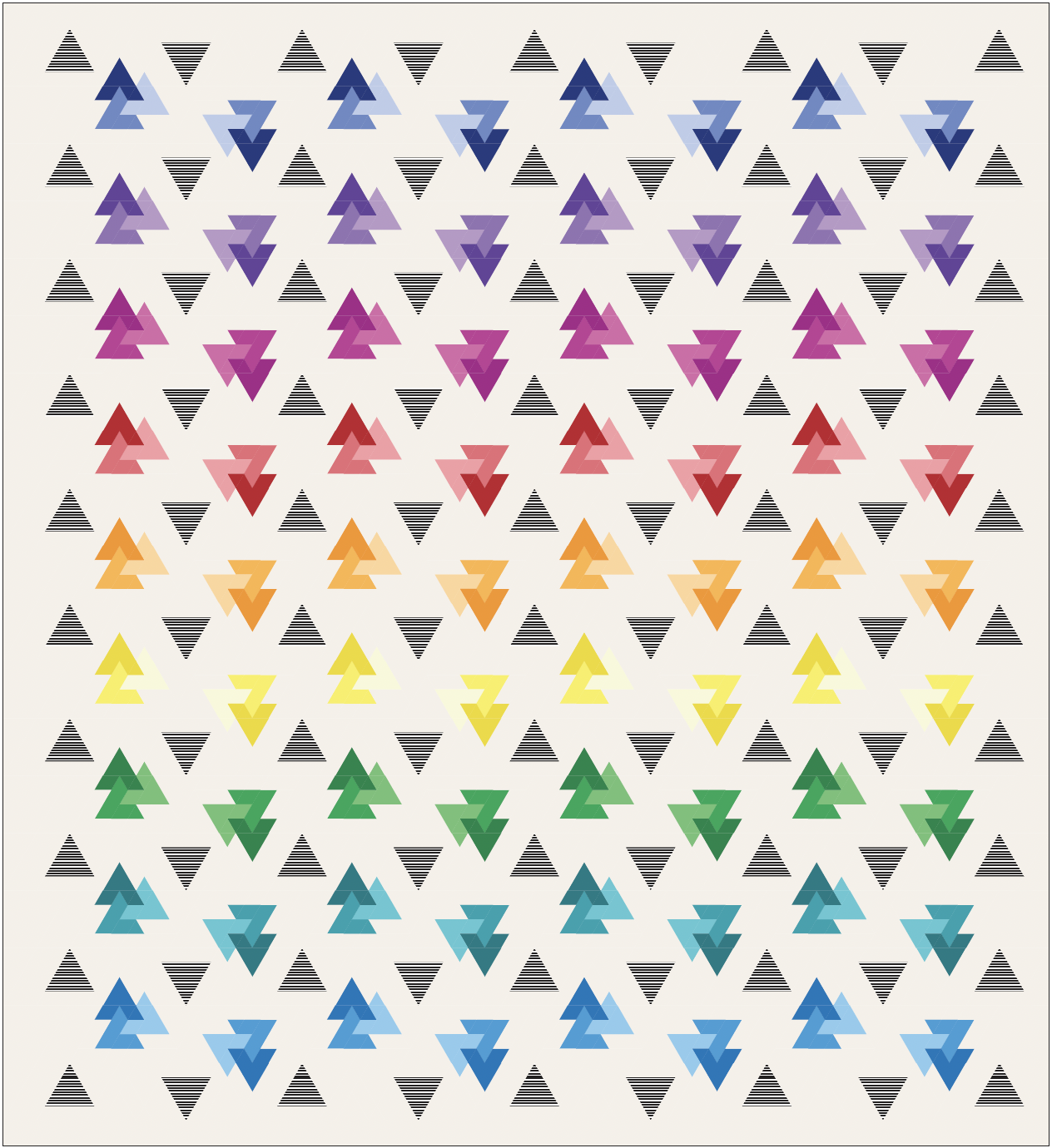 Colorful triangular patterns arranged in rows, with each row featuring a different color, including blue, purple, red, orange, yellow, green, and blue, separated by smaller black and white striped triangles.
