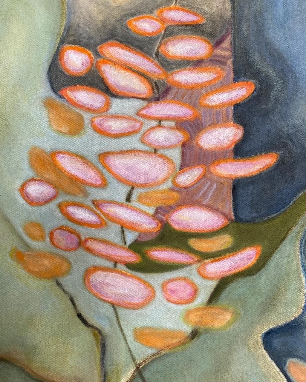 Abstract painting of two faces in profile with pink and orange oval shapes across their cheeks and lips.